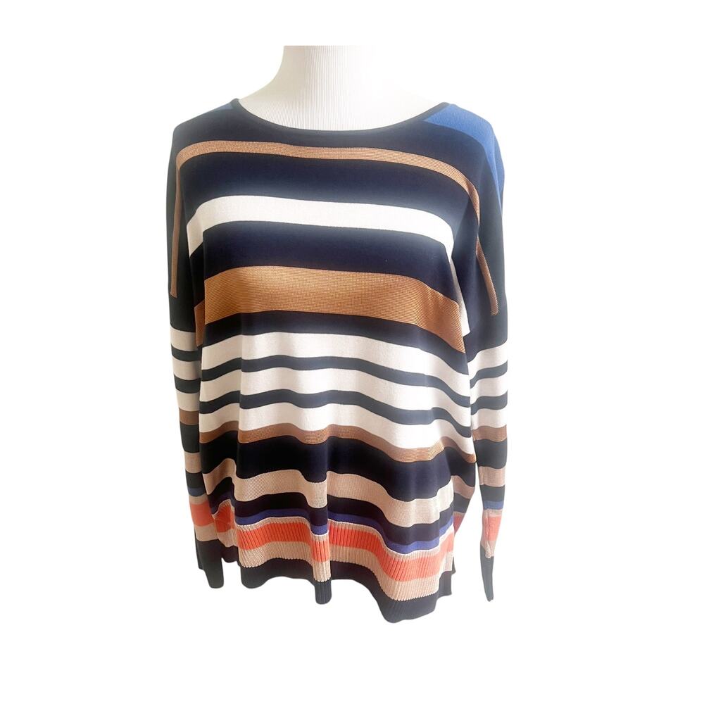 Chico's Connie Sweater Womens 2/L 
Multi Striped Ribbed Hem Relaxed Pullover NWT